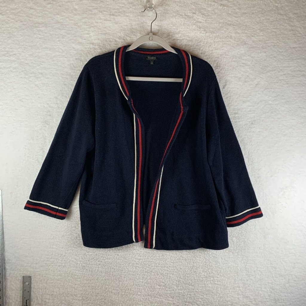 Talbots Sweater Blazer Women Xl Blue Striped Trim Long Sleeve Cardigan 7859